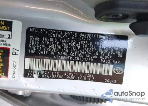 2012 Toyota Camry Se from USA, damaged, VIN 4T1BF1FK0CU101778